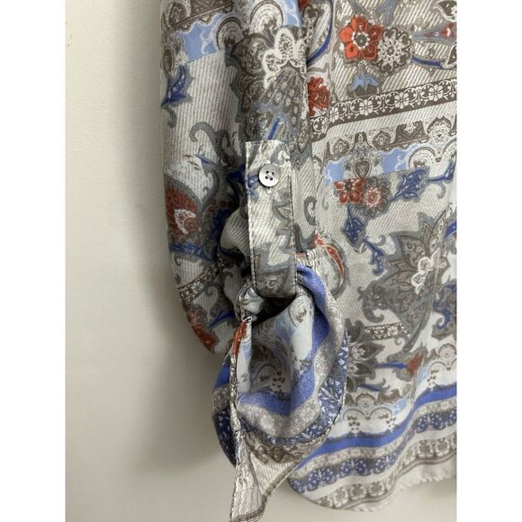 Vintage Paisley Print Button-Down Shirt with Floral Pattern Grey Blue Coral - Picture 4 of 6